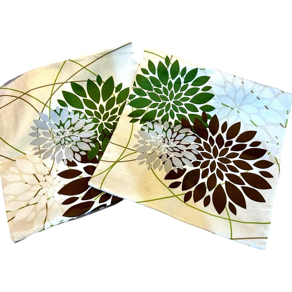 NEW 2 Pillow Cover White Green, Leaves earth tones boho eco 15 X 15 Woven Cover